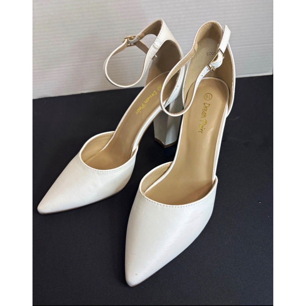 Dream Pairs Women's White Pointed Toe Ankle Strap Buckle Block Heels 9.5